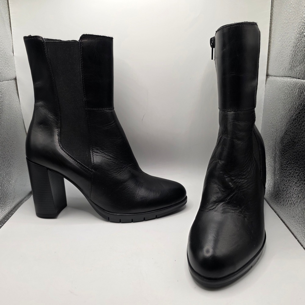Rizzoli Black Leather Block Heel Ankle Boots Size 8.5M EU 39 Made in Romania